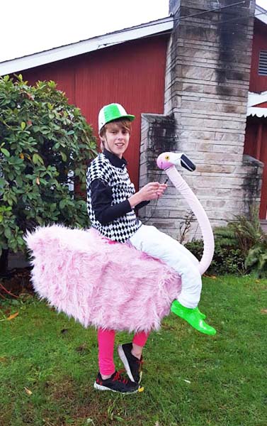 Dane riding a flamingo